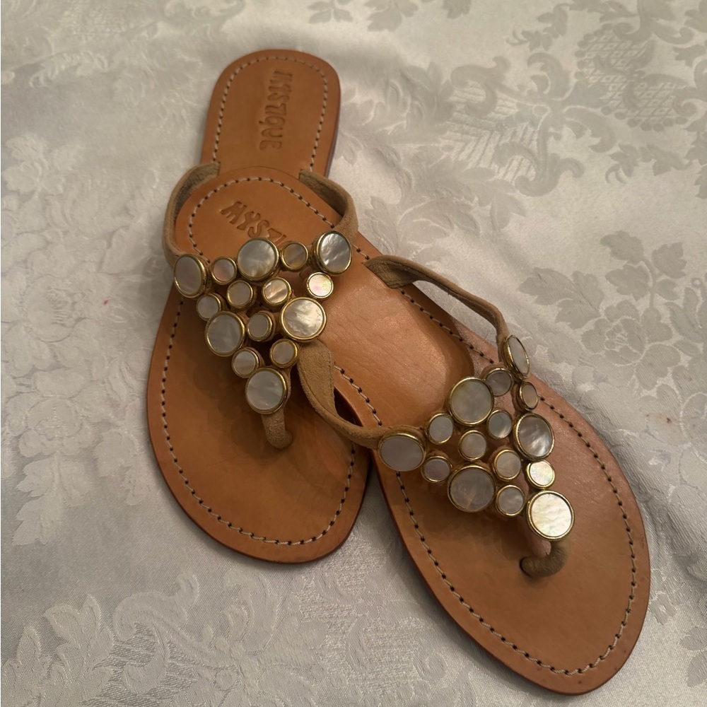 Mystique Tan Leather Toe-Post Sandals with Mother-of-Pearl Discs